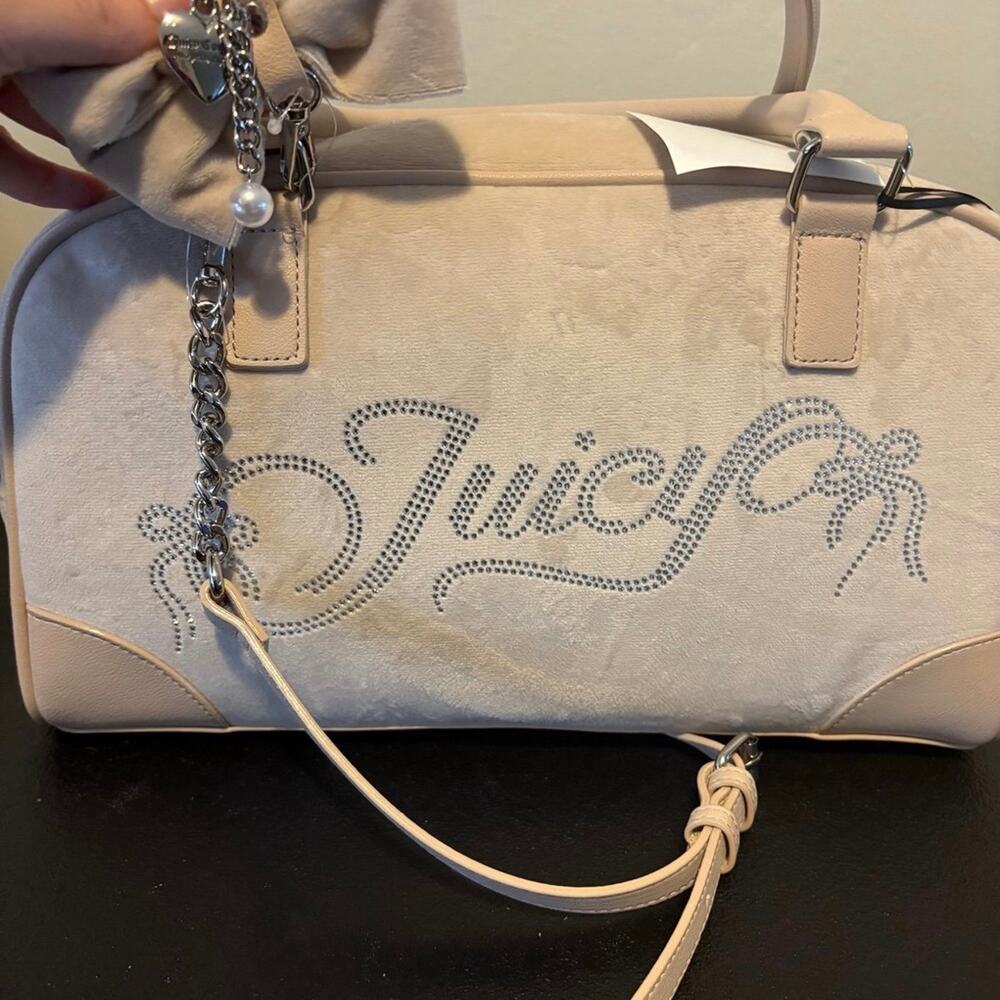Juicy Couture Beige Velour Rhinestone Logo Barrel Bag Satchel NWT